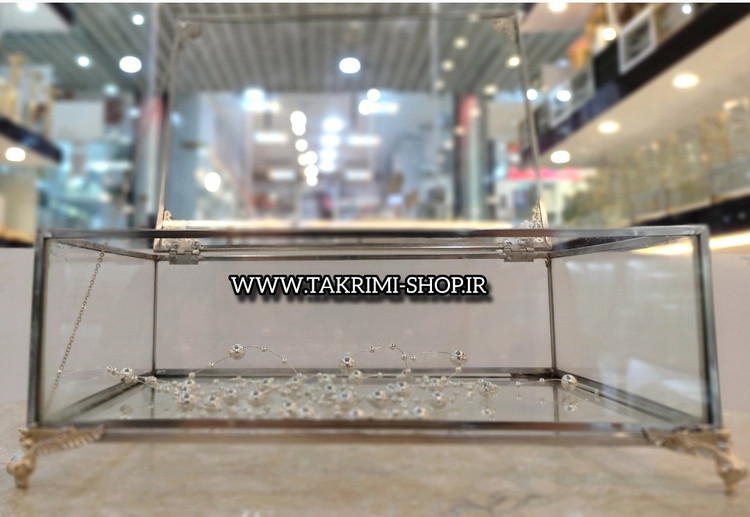 باکس شیشه ای خواستگاری ( کوچک ) خاستگاری شیرینی مینی کاپ کیک باقلوا درب دار مستطیل نقره ای جنس شیشه ای و استیل خالص