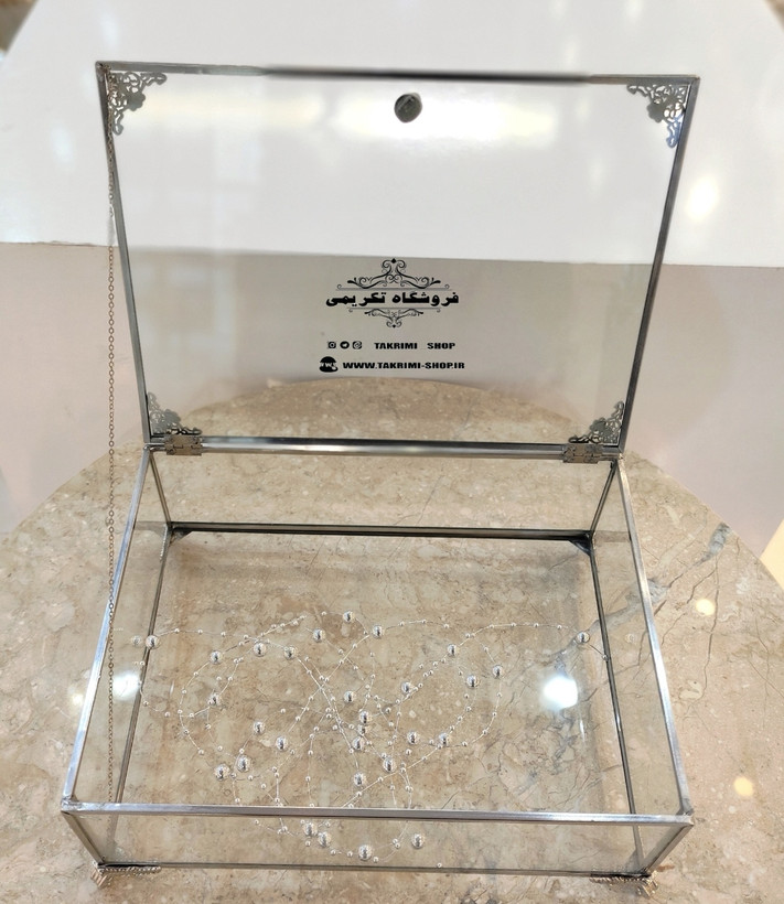 باکس شیشه ای خواستگاری ( کوچک ) خاستگاری شیرینی مینی کاپ کیک باقلوا درب دار مستطیل نقره ای جنس شیشه ای و استیل خالص
