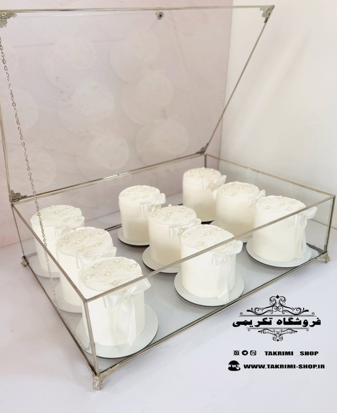 باکس شیشه ای خواستگاری ( کوچک ) خاستگاری شیرینی مینی کاپ کیک باقلوا درب دار مستطیل نقره ای جنس شیشه ای و استیل خالص