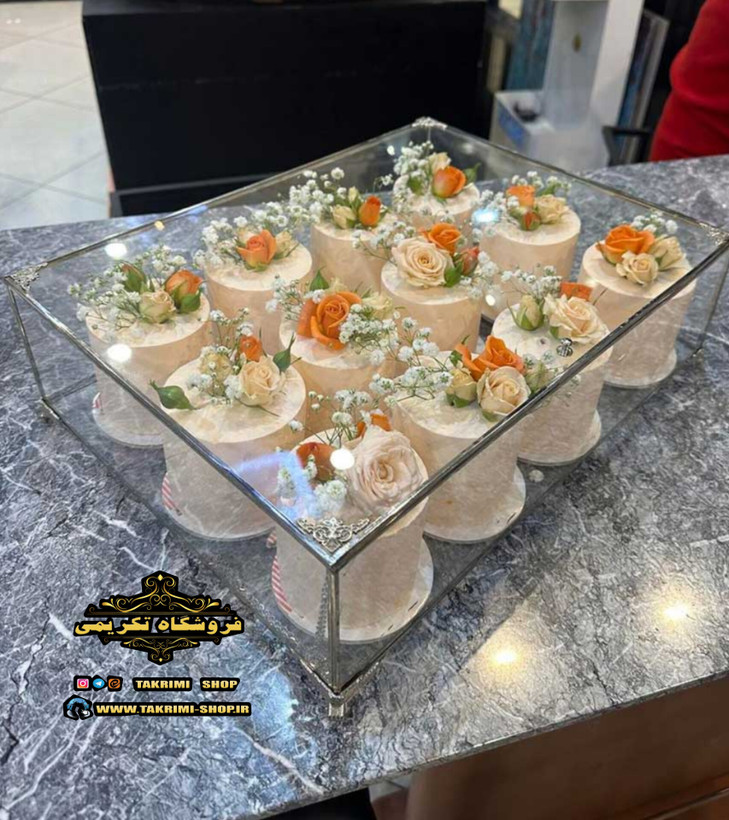 باکس شیشه ای خواستگاری ( کوچک ) خاستگاری شیرینی مینی کاپ کیک باقلوا درب دار مستطیل نقره ای جنس شیشه ای و استیل خالص