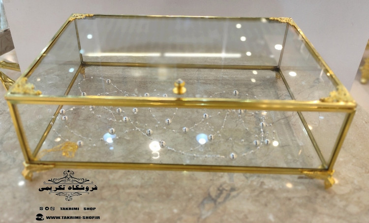 باکس شیشه ای خواستگاری ( متوسط ) خاستگاری شیرینی مینی کاپ کیک باقلوا درب دار مستطیل طلایی جنس شیشه ای و برنجی