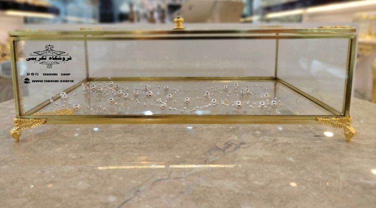 باکس شیشه ای خواستگاری ( متوسط ) خاستگاری شیرینی مینی کاپ کیک باقلوا درب دار مستطیل طلایی جنس شیشه ای و برنجی