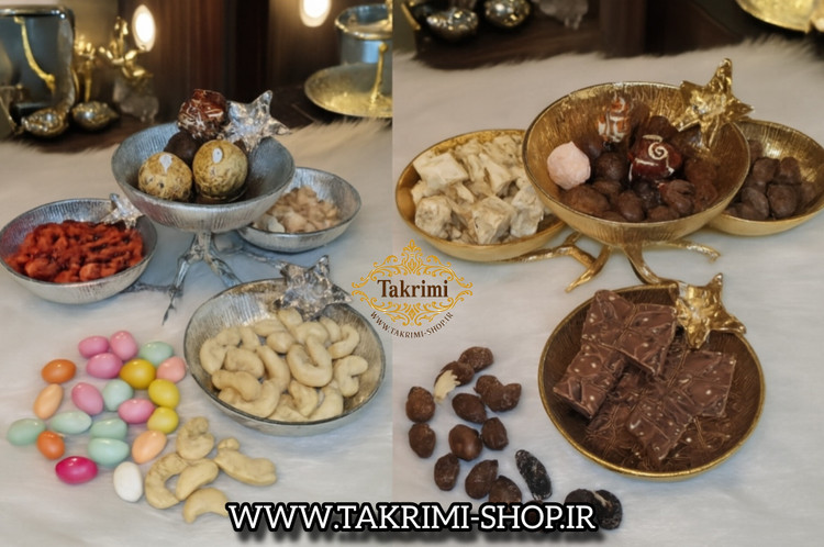اردو خوری 4 پیاله گل نسترن پایه شاخه آبکاری براق ( طلایی و نقره ای )