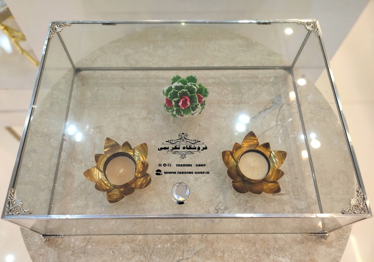 باکس شیشه ای خواستگاری ( بزرگ ) خاستگاری شب یلدایی شب چلگی چله ای شیرینی مینی کاپ کیک باقلوا درب دار مستطیل نقره ای جنس شیشه ای و استیل خالص