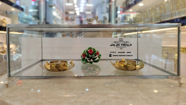 باکس شیشه ای خواستگاری ( بزرگ ) خاستگاری شب یلدایی شب چلگی چله ای شیرینی مینی کاپ کیک باقلوا درب دار مستطیل نقره ای جنس شیشه ای و استیل خالص