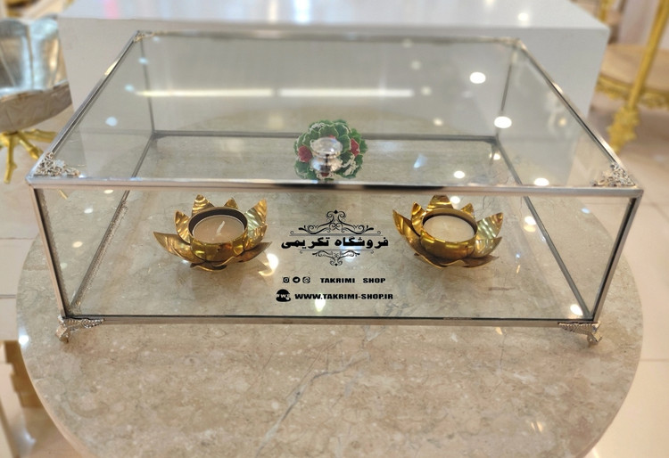 باکس شیشه ای خواستگاری ( بزرگ ) خاستگاری شب یلدایی شب چلگی چله ای شیرینی مینی کاپ کیک باقلوا درب دار مستطیل نقره ای جنس شیشه ای و استیل خالص