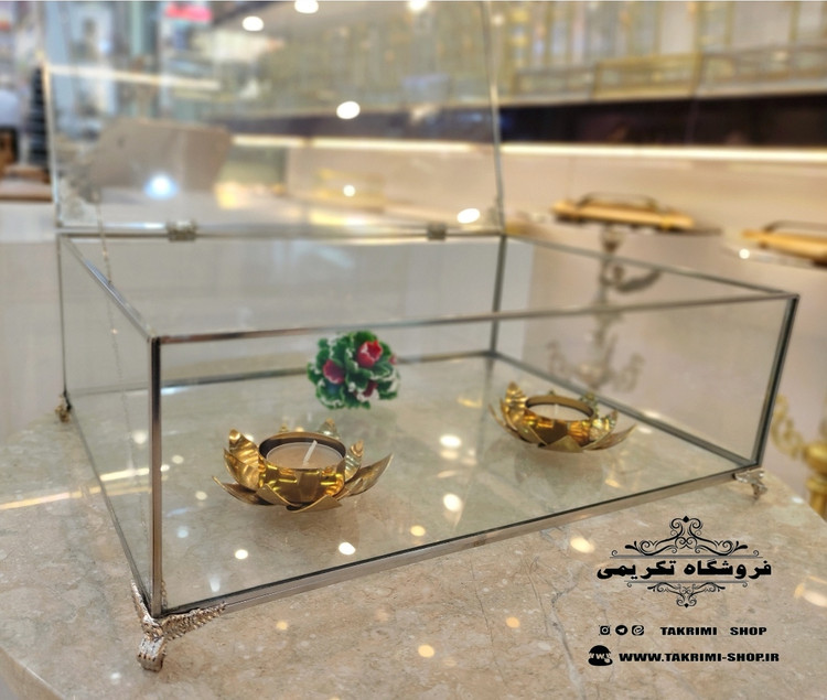 باکس شیشه ای خواستگاری ( بزرگ ) خاستگاری شب یلدایی شب چلگی چله ای شیرینی مینی کاپ کیک باقلوا درب دار مستطیل نقره ای جنس شیشه ای و استیل خالص