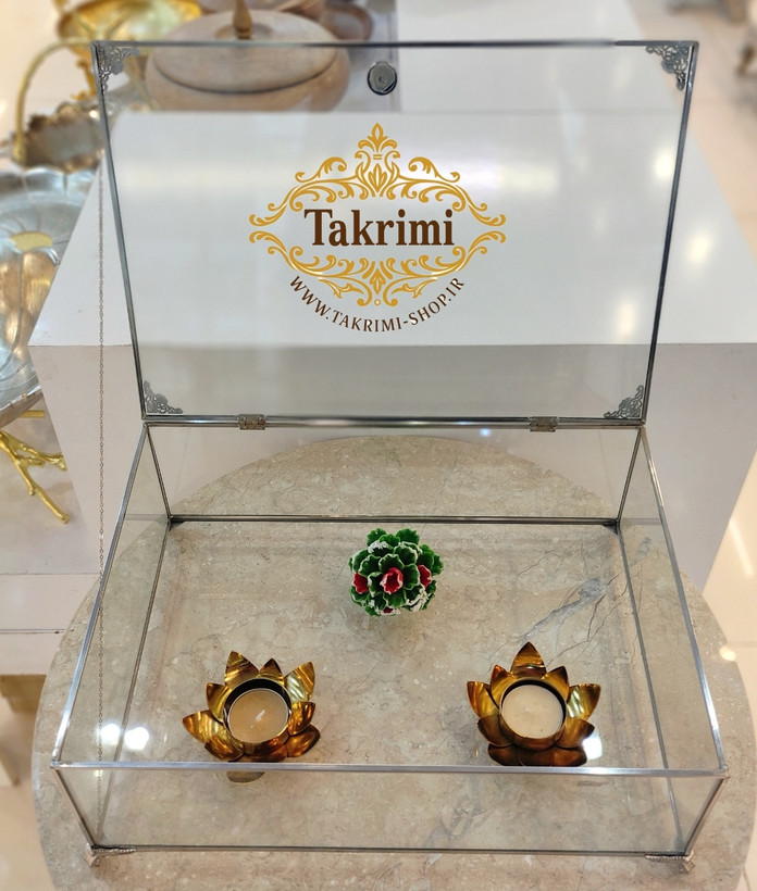 باکس شیشه ای خواستگاری ( بزرگ ) خاستگاری شب یلدایی شب چلگی چله ای شیرینی مینی کاپ کیک باقلوا درب دار مستطیل نقره ای جنس شیشه ای و استیل خالص