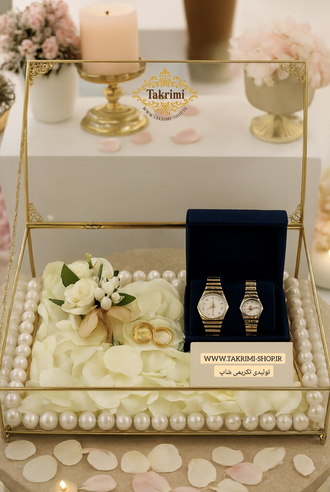 باکس شیشه ای خواستگاری ( بزرگ ) خاستگاری شب یلدایی شب چلگی چله ای شیرینی مینی کاپ کیک باقلوا درب دار مستطیل طلایی جنس شیشه ای و برنج خالص