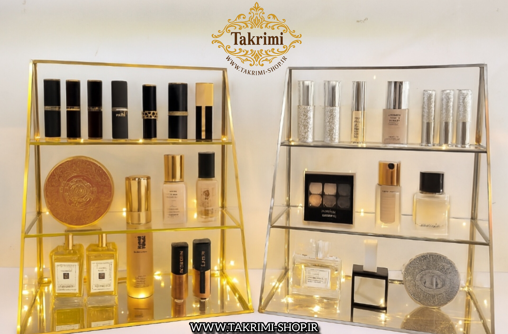 استند ایستاده لوازم آرایشی سه 3 طبقه 3طبقه لوازم ارایشی شیشه ای ( موجود در 2 رنگ طلایی و نقره ای )