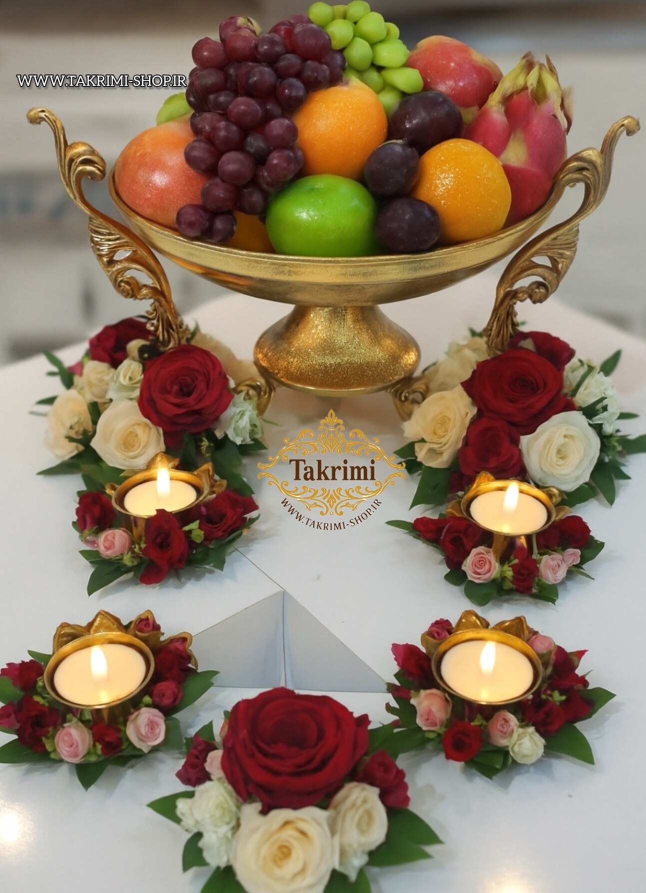 ظرف کاسه میوه خوری دسته دار سلطنتی کلاسیک یاس طلایی آلومینیومی ( تکریمی شاپ )