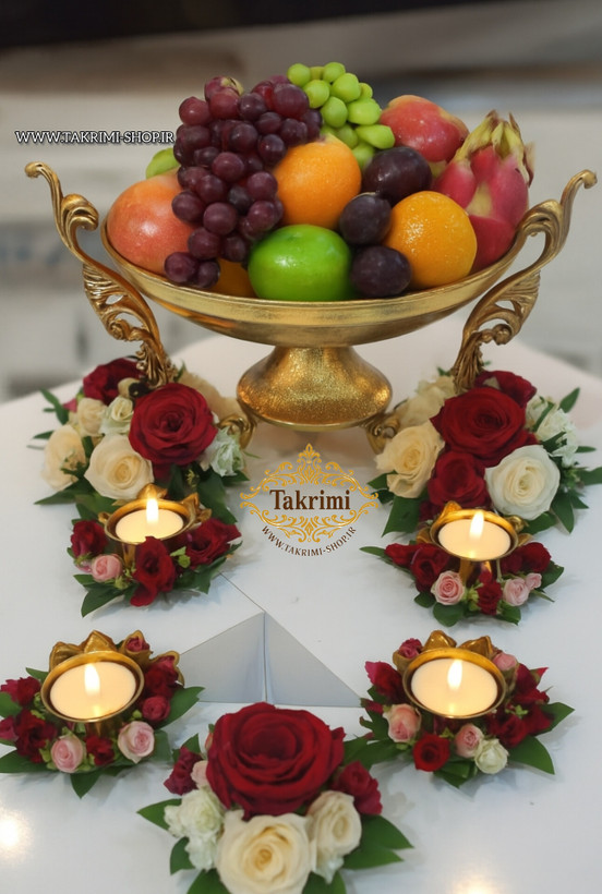 ظرف کاسه میوه خوری دسته دار سلطنتی کلاسیک یاس طلایی آلومینیومی ( تکریمی شاپ )
