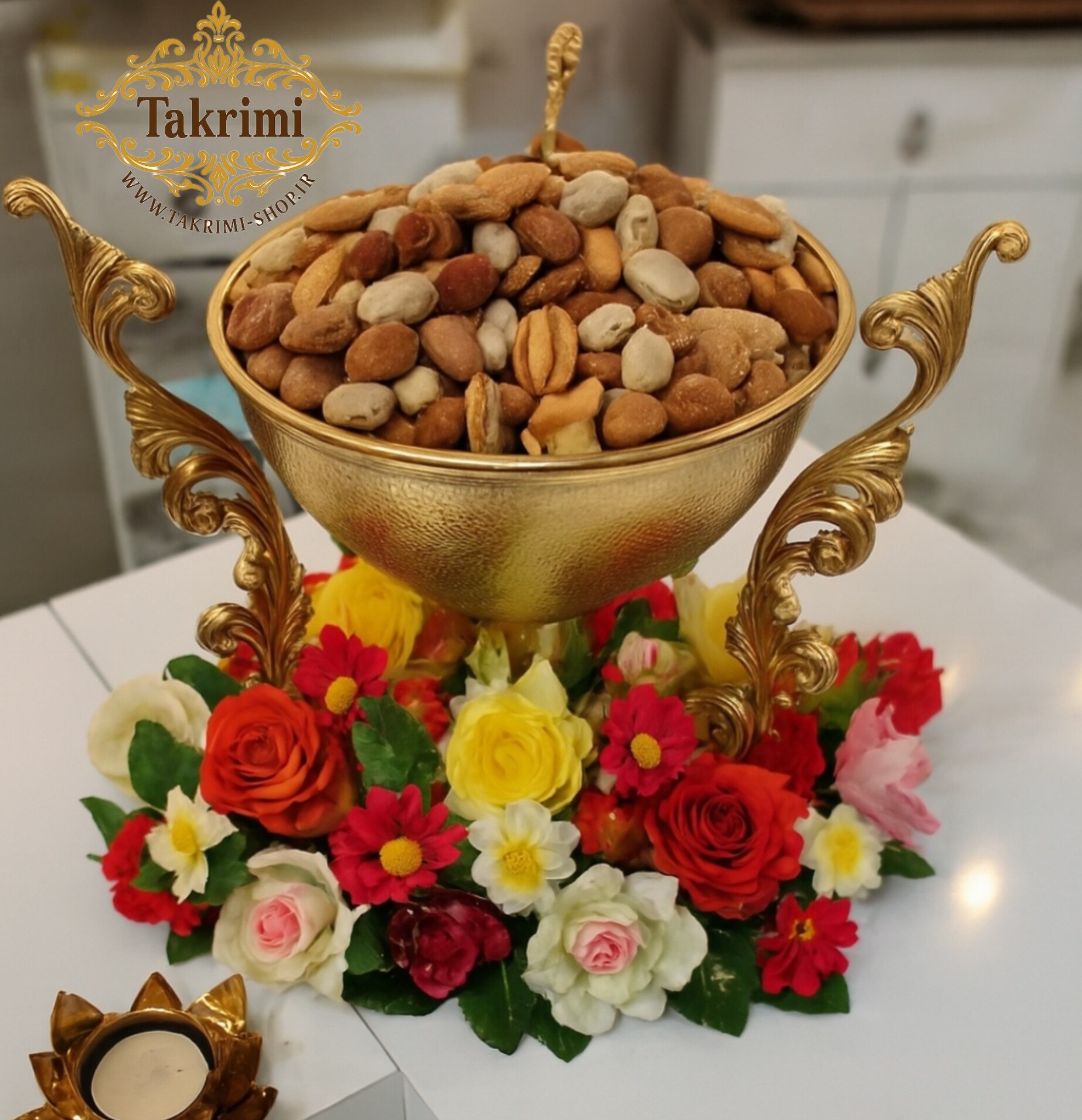 ظرف کاسه آجیل خوری دسته دار سلطنتی کلاسیک یاس طلایی آلومینیومی ( تکریمی شاپ )