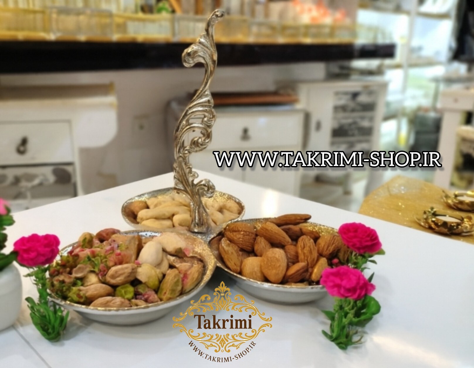 ظرف اردو خوری 3 سه خانه تایی یا تنقلات خوری دسته دار سلطنتی کلاسیک یاس نقره ای آلومینیومی ( تکریمی شاپ )