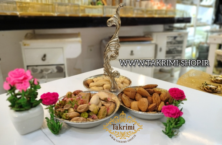 ظرف اردو خوری 3 سه خانه تایی یا تنقلات خوری دسته دار سلطنتی کلاسیک یاس نقره ای آلومینیومی ( تکریمی شاپ )