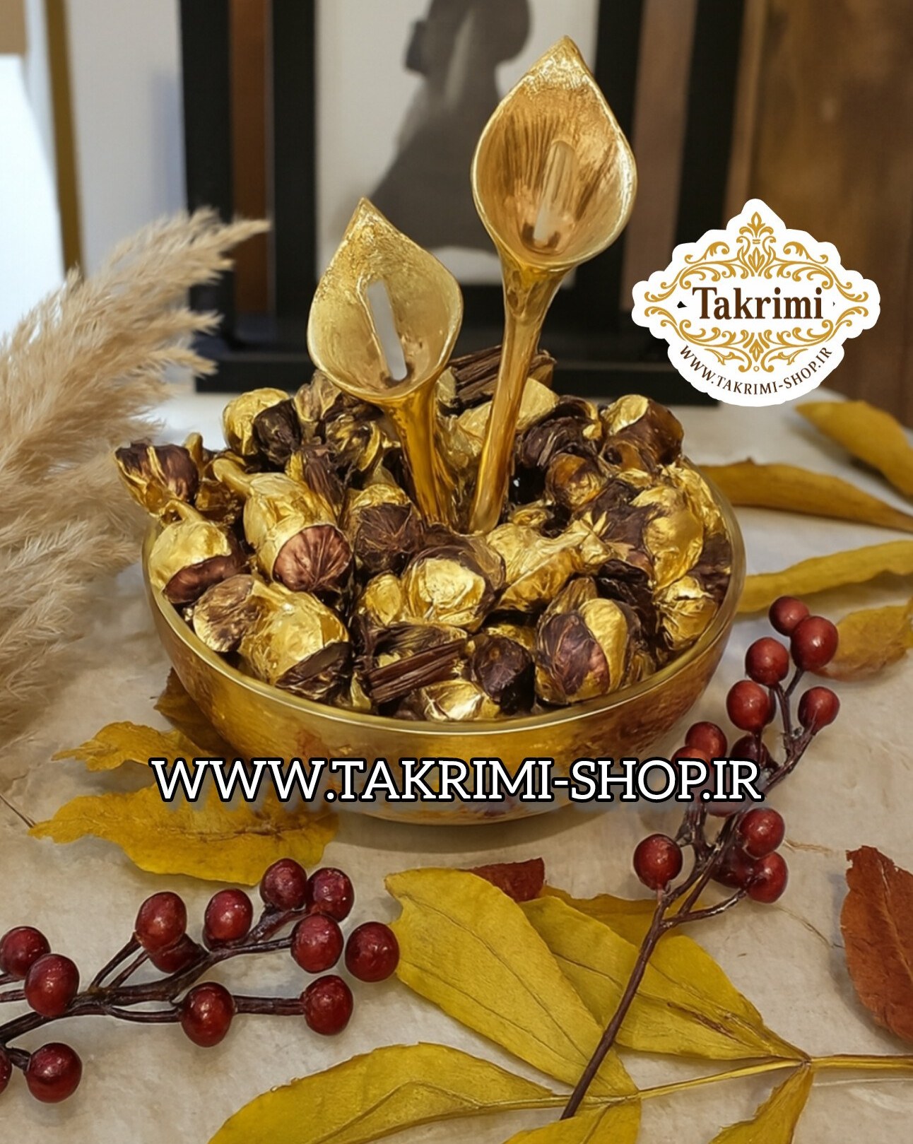 استند ظرف شکلات خوری گل لیلیوم شیپور گلایل طلایی فورتیک ( تکریمی شاپ )