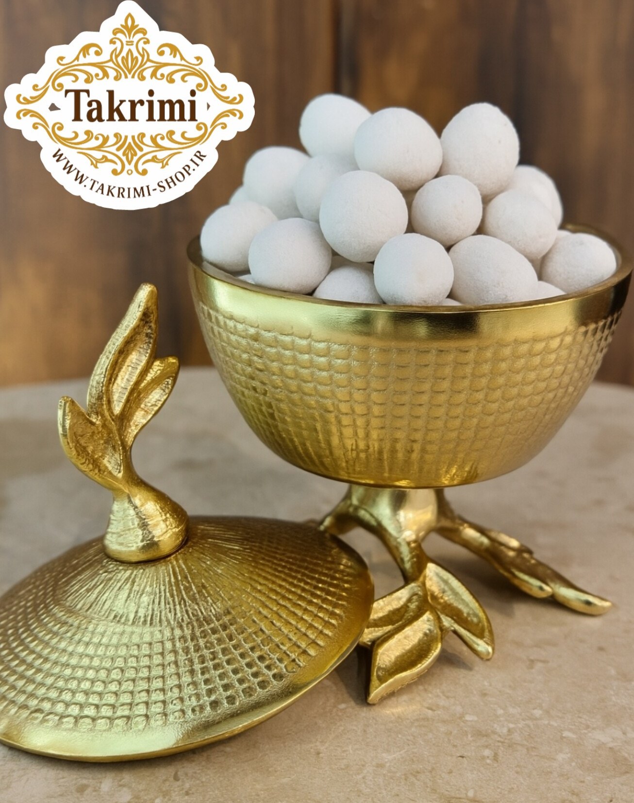 قندان قندون نقل خوری گلبرگ طلایی فورتیک پایه دار ( تکریمی شاپ )