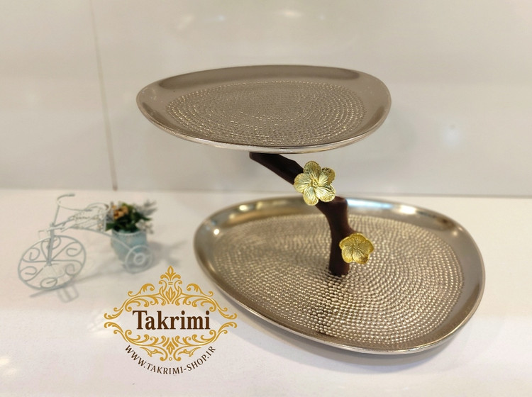 استند ظرف شیرینی خوری دو 2 طبقه 2طبقه دفرمه گل فلورا آلومینیومی خالص ( تکریمی شاپ )