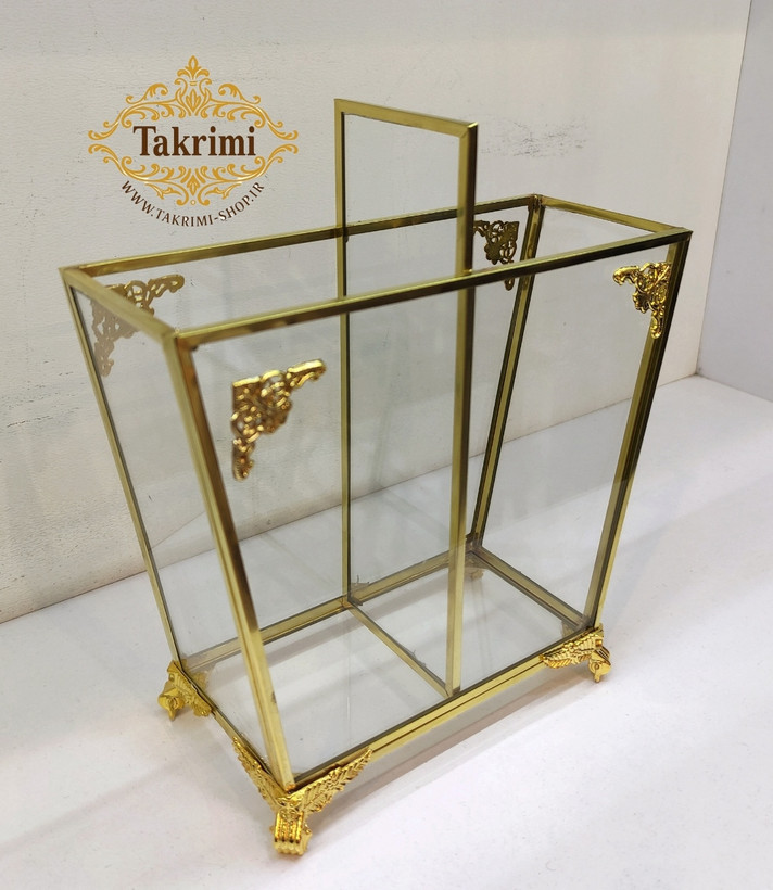 جاکاردی جا کاردی جاقاشقی جا قاشقی 2 قلو 2قلو دو قلو ایستاده طلایی شیشه و برنج خالص