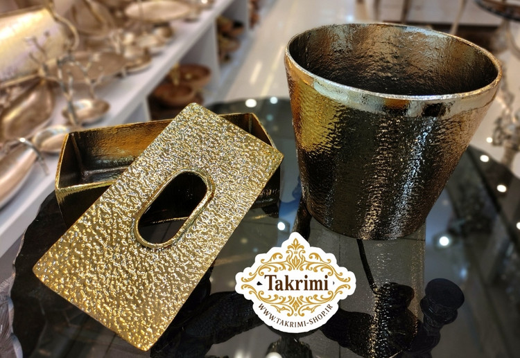 سطل و جا دستمالی جادستمالی چکشی آلومینیومی طلایی براق ( تکریمی شاپ ) کپی