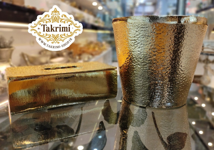 سطل و جا دستمالی جادستمالی چکشی آلومینیومی طلایی براق ( تکریمی شاپ ) کپی