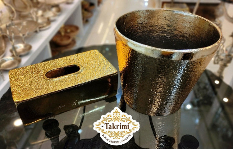 سطل و جا دستمالی جادستمالی چکشی آلومینیومی طلایی براق ( تکریمی شاپ ) کپی