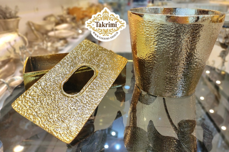 سطل و جا دستمالی جادستمالی چکشی آلومینیومی طلایی براق ( تکریمی شاپ ) کپی