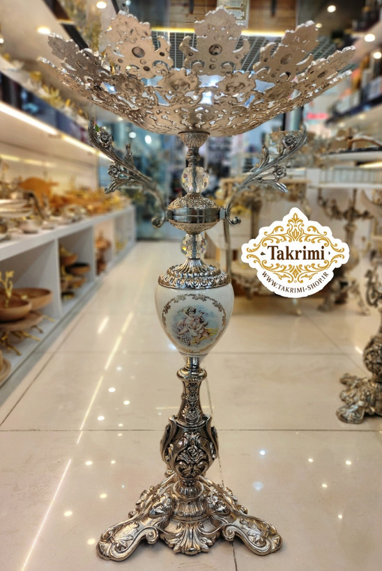میز بار میوه خوری ایستاده کنار سالنی سلطنتی سایز بزرگ نقره ای ( با ظرف میوه سایز بزرگ ) ( تولیدی تکریمی شاپ )