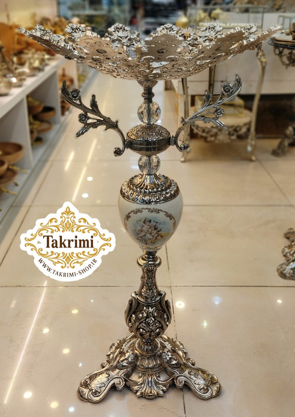 میز بار میوه خوری ایستاده کنار سالنی سلطنتی سایز بزرگ نقره ای ( با ظرف میوه سایز بزرگ ) ( تولیدی تکریمی شاپ )