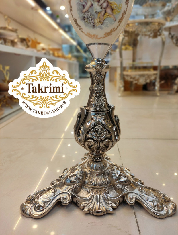 میز بار میوه خوری ایستاده کنار سالنی سلطنتی سایز بزرگ نقره ای ( با ظرف میوه سایز بزرگ ) ( تولیدی تکریمی شاپ )