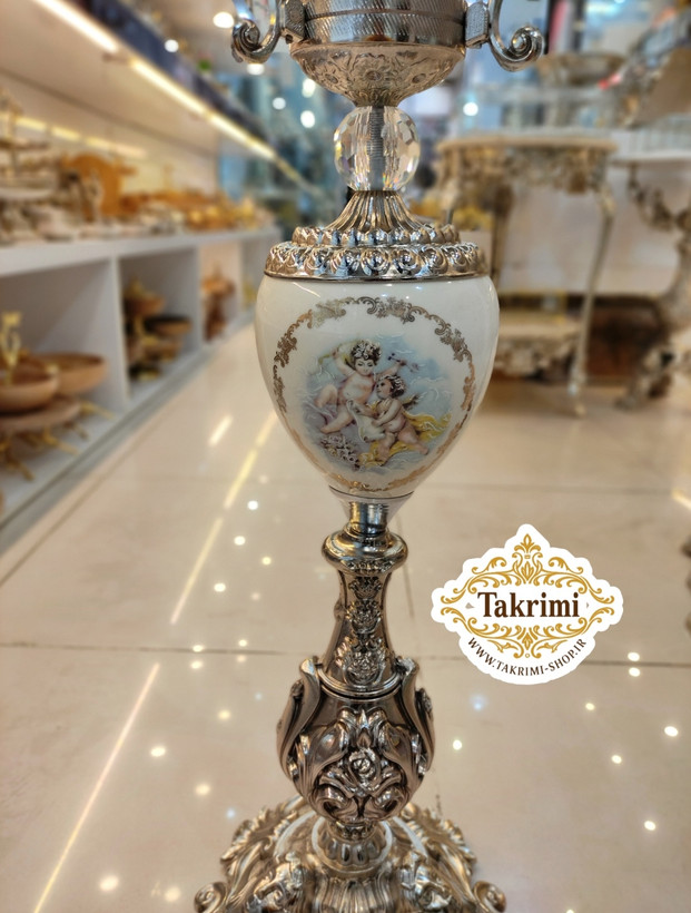 میز بار میوه خوری ایستاده کنار سالنی سلطنتی سایز بزرگ نقره ای ( با ظرف میوه سایز بزرگ ) ( تولیدی تکریمی شاپ )