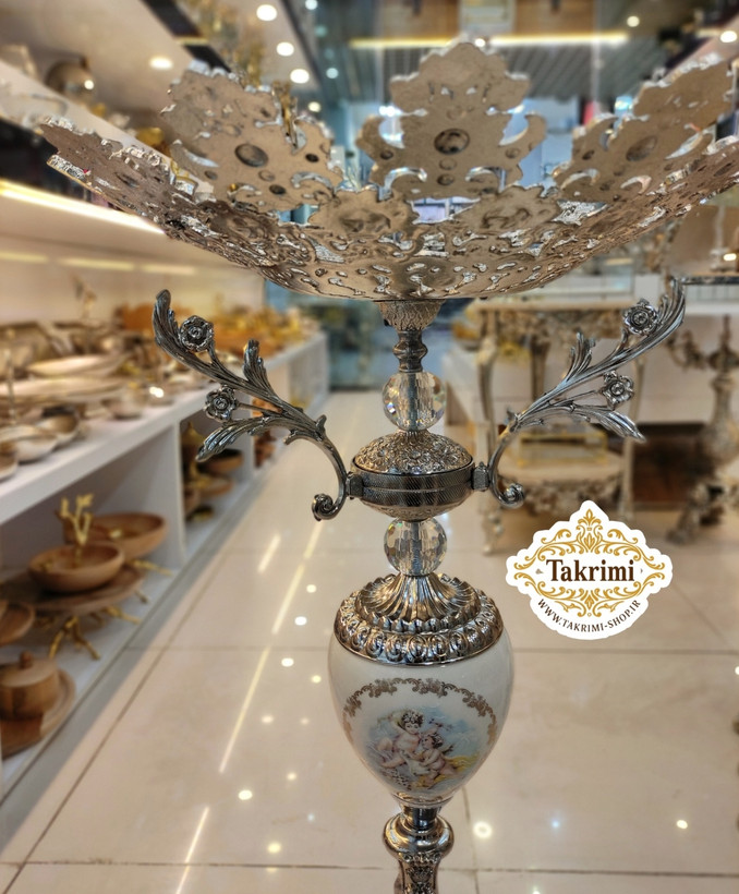 میز بار میوه خوری ایستاده کنار سالنی سلطنتی سایز بزرگ نقره ای ( با ظرف میوه سایز بزرگ ) ( تولیدی تکریمی شاپ )