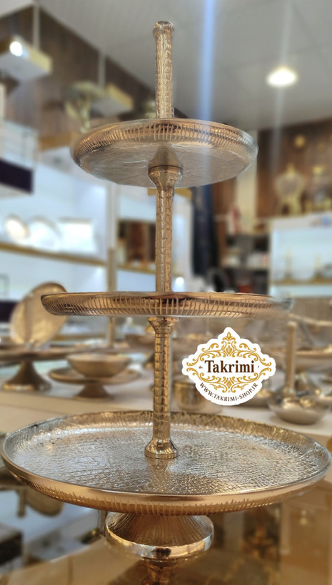 استند ظرف شیرینی خوری 3 سه طبقه سایز بزرگ مناسب هتلی تالاری چرمی نقره ای فورتیک ( تولیدی تکریمی شاپ )