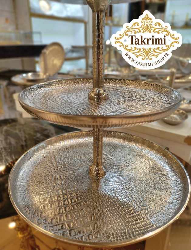استند ظرف شیرینی خوری 3 سه طبقه سایز بزرگ مناسب هتلی تالاری چرمی نقره ای فورتیک ( تولیدی تکریمی شاپ )