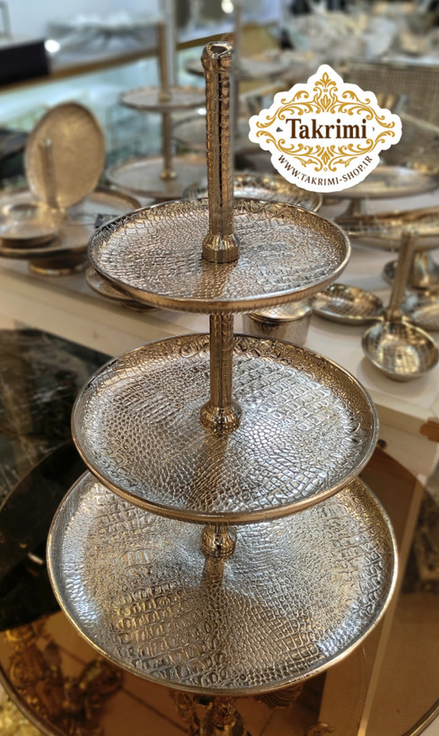 استند ظرف شیرینی خوری 3 سه طبقه سایز بزرگ مناسب هتلی تالاری چرمی نقره ای فورتیک ( تولیدی تکریمی شاپ )