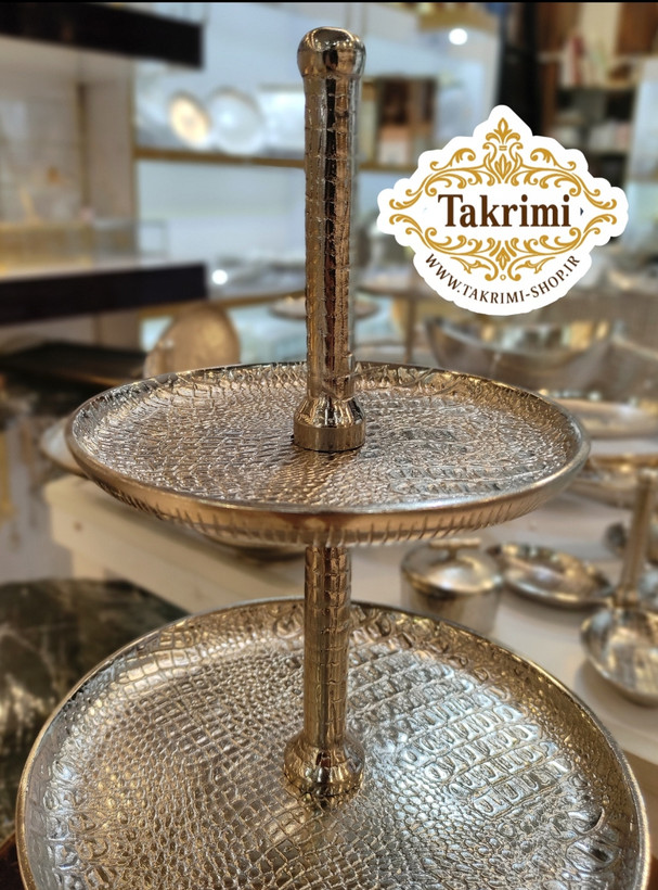 استند ظرف شیرینی خوری 3 سه طبقه سایز بزرگ مناسب هتلی تالاری چرمی نقره ای فورتیک ( تولیدی تکریمی شاپ )