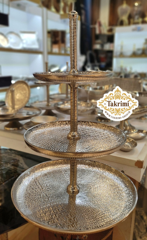 استند ظرف شیرینی خوری 3 سه طبقه سایز بزرگ مناسب هتلی تالاری چرمی نقره ای فورتیک ( تولیدی تکریمی شاپ )