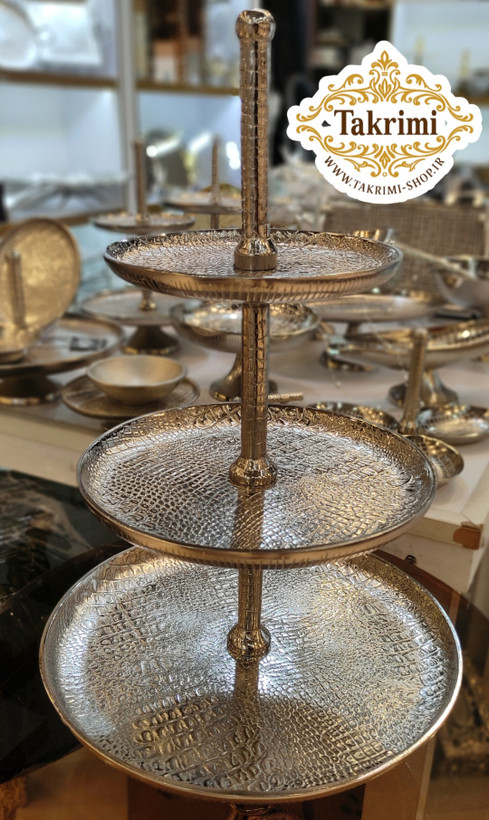 استند ظرف شیرینی خوری 3 سه طبقه سایز بزرگ مناسب هتلی تالاری چرمی نقره ای فورتیک ( تولیدی تکریمی شاپ )