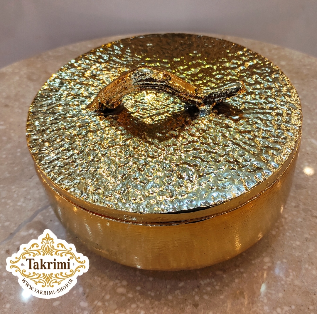 استند ظرف شکلات خوری سه پایه درب دار چکشی طلایی براق ( تکریمی شاپ )