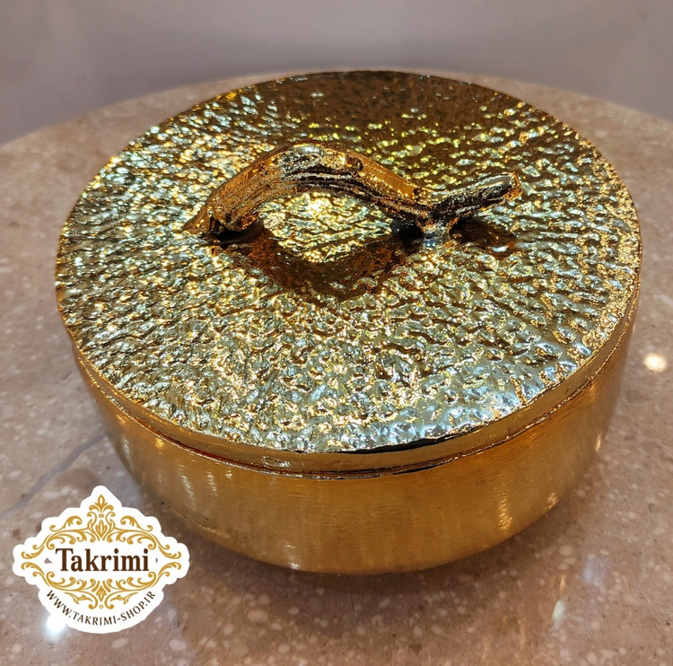 استند ظرف شکلات خوری سه پایه درب دار چکشی طلایی براق ( تکریمی شاپ )