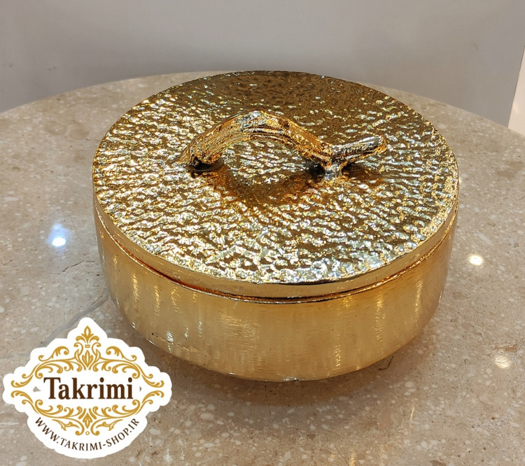 استند ظرف شکلات خوری سه پایه درب دار چکشی طلایی براق ( تکریمی شاپ )