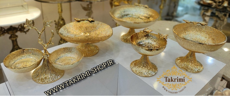 سرویس 5 تکه پذیرایی سولو پایه مخروطی طلایی براق جنس آلومینیوم خالص ( تکریمی شاپ )
