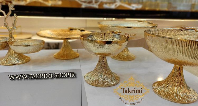 سرویس 5 تکه پذیرایی سولو پایه مخروطی طلایی براق جنس آلومینیوم خالص ( تکریمی شاپ )