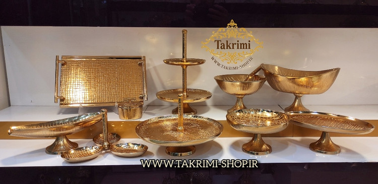 ست سرویس پذیرایی 11 پارچه تکه مدل چرمی یا پوست ماری آلومینیوم خالص طلایی فورتیک ( تکریمی شاپ )