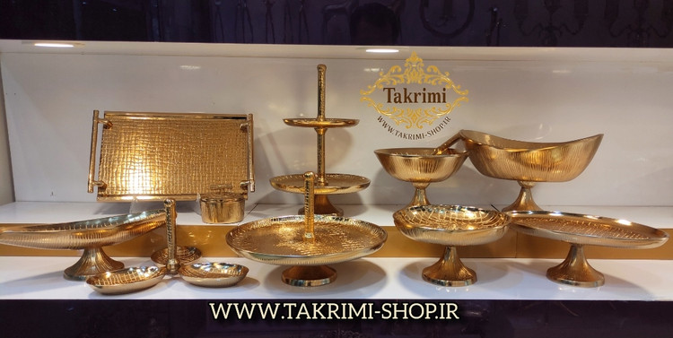 ست سرویس پذیرایی 11 پارچه تکه مدل چرمی یا پوست ماری آلومینیوم خالص طلایی فورتیک ( تکریمی شاپ )