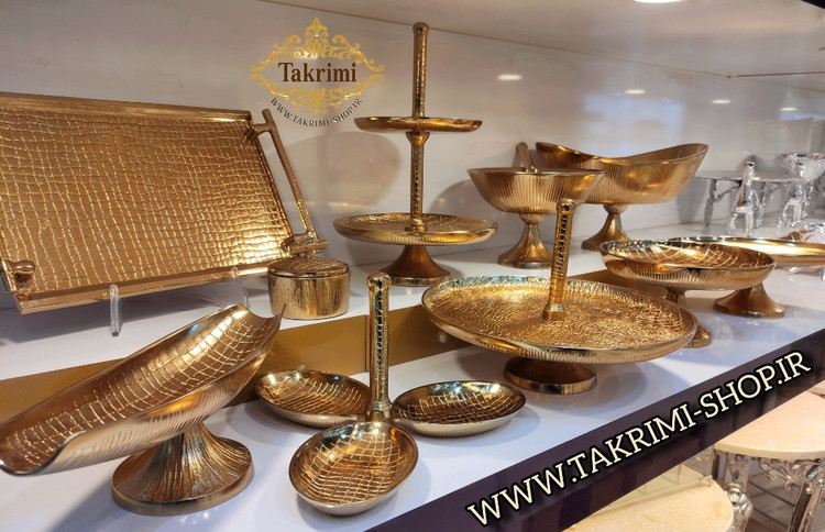 ست سرویس پذیرایی 11 پارچه تکه مدل چرمی یا پوست ماری آلومینیوم خالص طلایی فورتیک ( تکریمی شاپ )