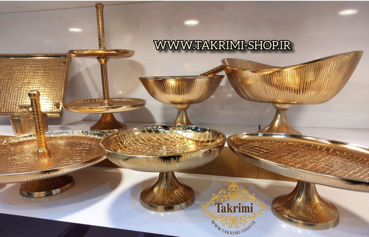 ست سرویس پذیرایی 11 پارچه تکه مدل چرمی یا پوست ماری آلومینیوم خالص طلایی فورتیک ( تکریمی شاپ )