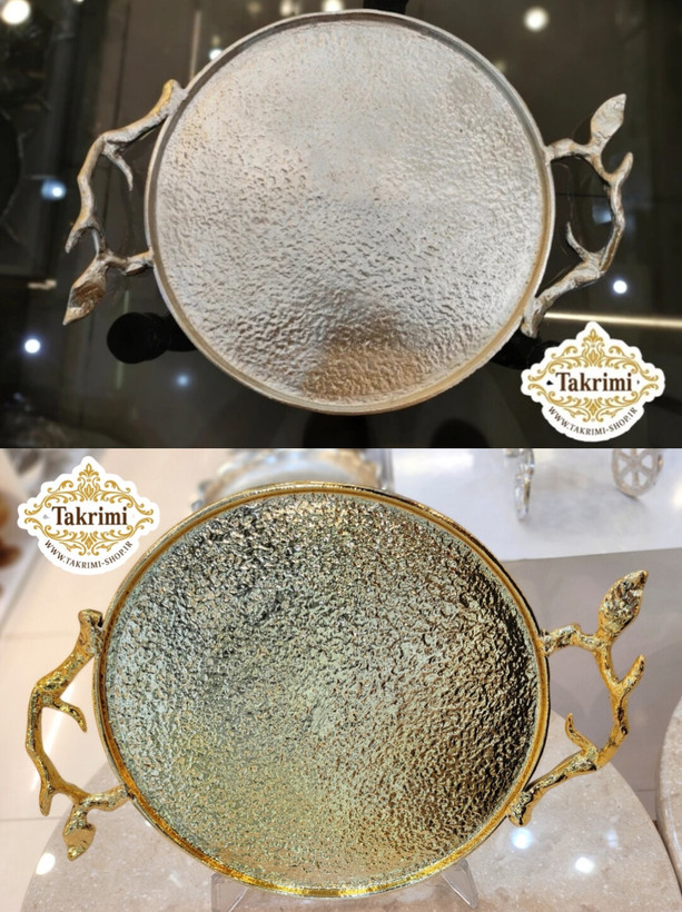 سینی یا شیرینی خوری یا کاپ کیک بدون پایه گرد دایره برگ ساده ( دارای 2 رنگ نقره ای و طلایی ) آلومینیومی خالص آلیاژی