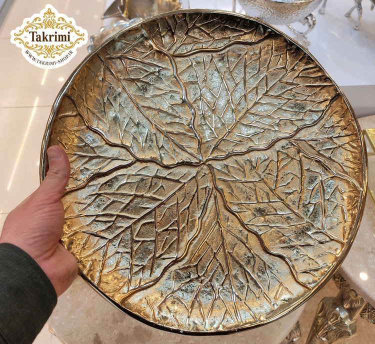 دیس شیرینی خوری دایره مدل درختی سایز بزرگ طلایی فورتیک جنس آلومینیوم پرداختکاری عالی
