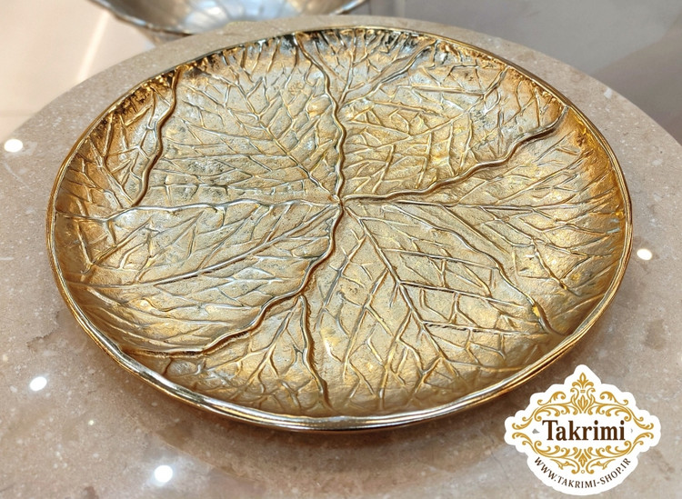 دیس شیرینی خوری دایره مدل درختی سایز بزرگ طلایی فورتیک جنس آلومینیوم پرداختکاری عالی